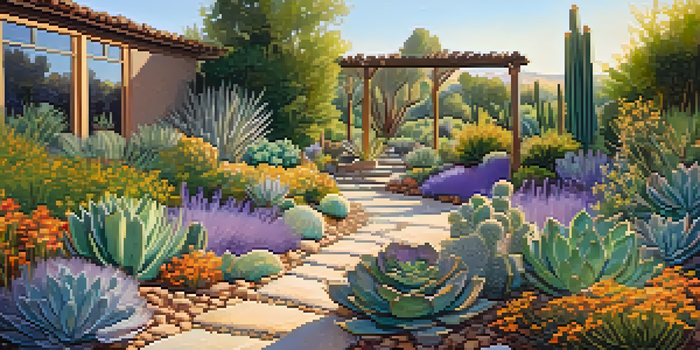 A beautifully designed xeriscape garden with drought-resistant plants, gravel paths, and decorative rocks in warm sunlight.
