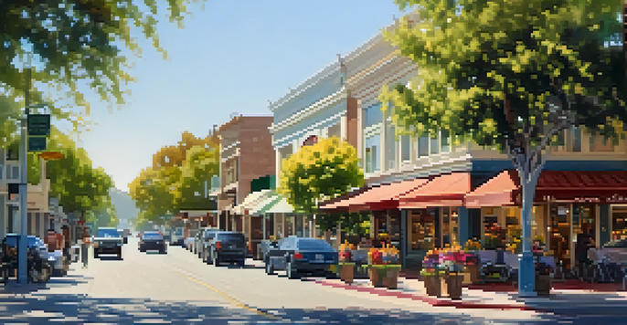 A scenic street in Cupertino with historic shops and cafes, adorned with flowers and bathed in warm afternoon light.