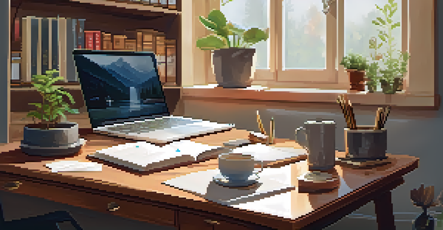 A cozy home office with a wooden desk, a laptop, a cup of tea, and a journal, surrounded by books and plants.