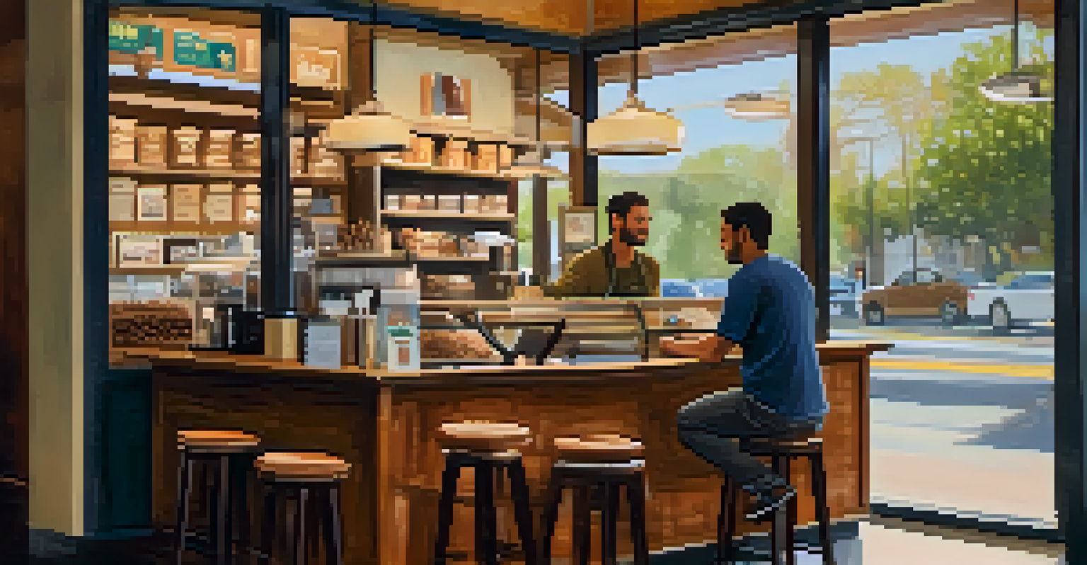 A cozy coffee shop in Cupertino with a barista making coffee and a customer reading a book.
