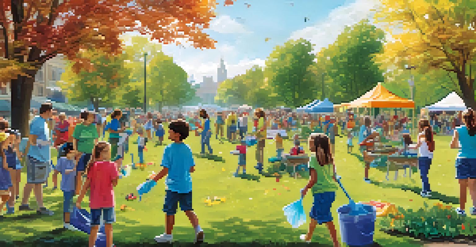A community clean-up event in a park with volunteers picking up litter and planting flowers.