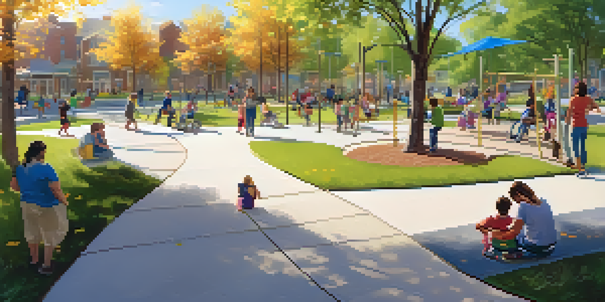 A lively community park where families are participating in inclusive recreational activities, showcasing children on adaptive swings and adults in group exercises, surrounded by sensory gardens and clear signage under bright sunlight.