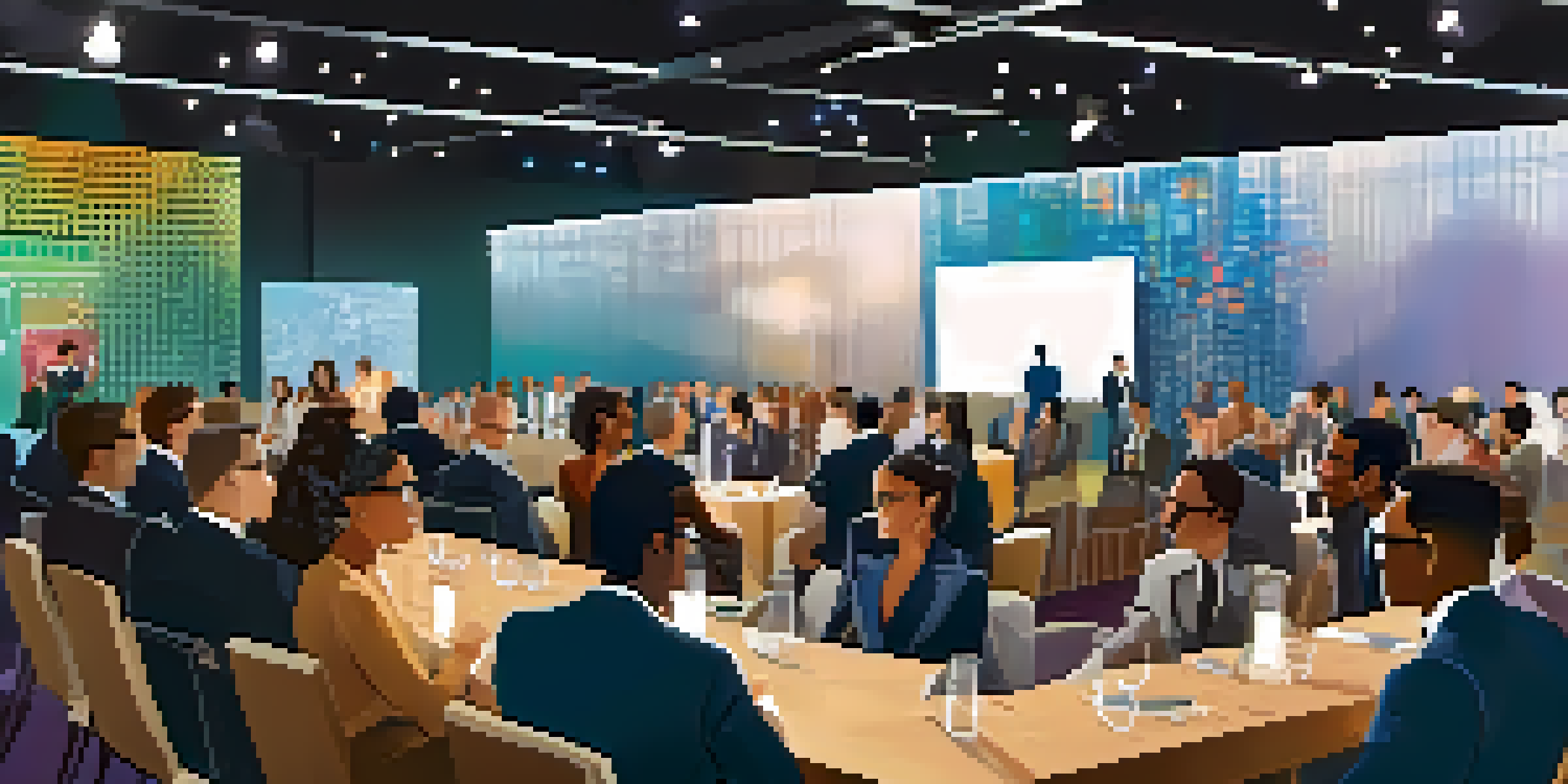 A lively networking event with diverse professionals in conversation, dressed in business attire, in a modern conference hall with warm lighting and stylish decor.