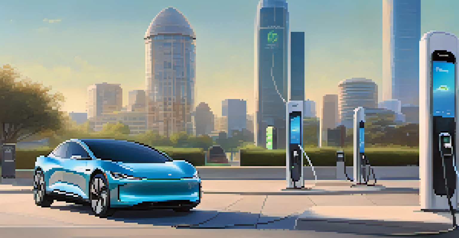 A close-up view of an electric vehicle charging at a modern station, with Cupertino's skyline in the background, showcasing the future of sustainable transportation.