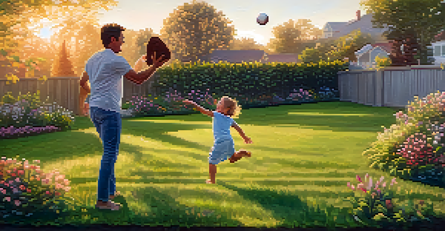 A happy family playing catch in a backyard during sunset, with a child throwing a baseball to a parent amidst a green lawn and flowers.