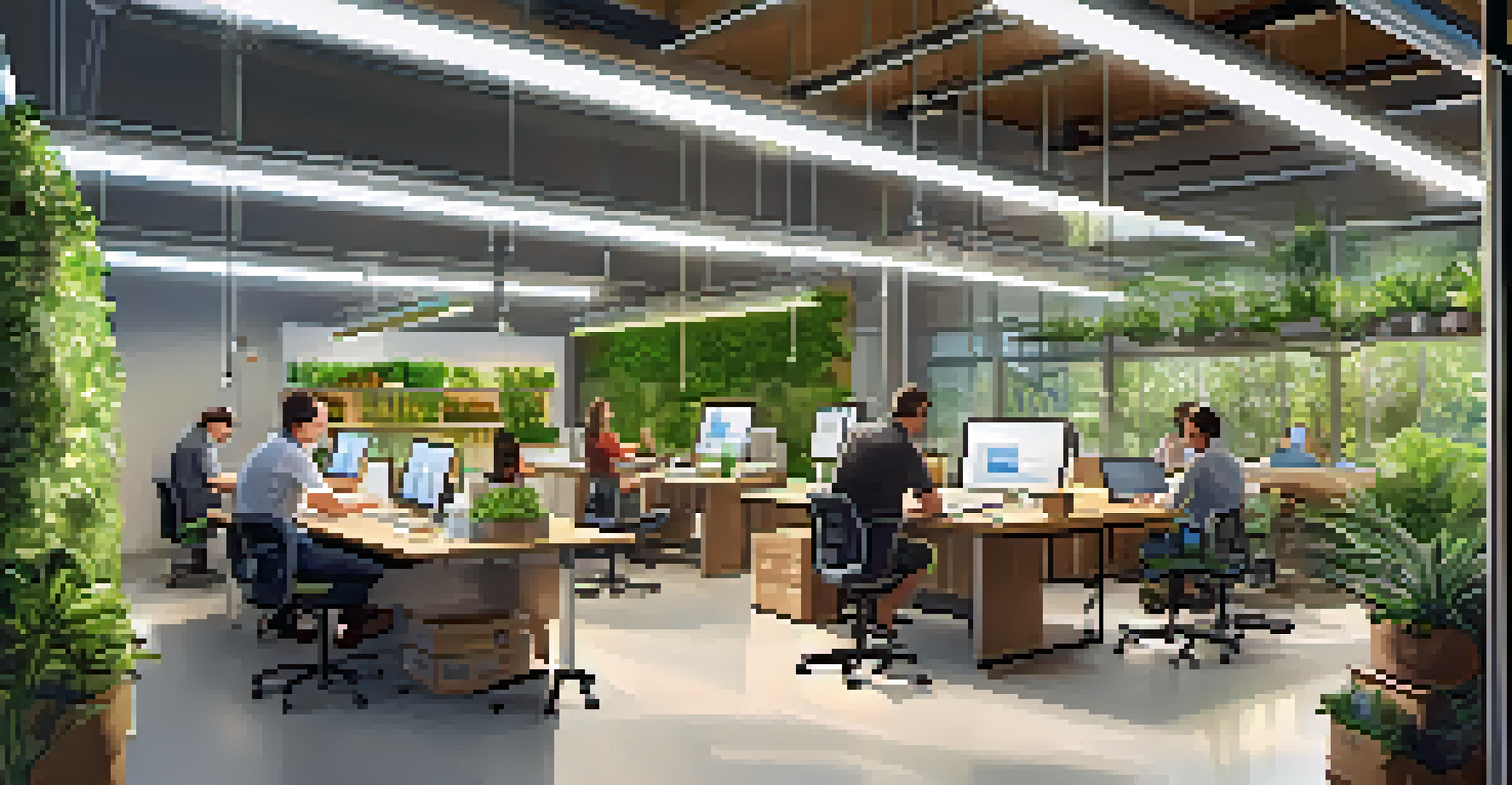 An interior of a sustainable business showcasing energy-efficient lighting, greenery, and an open workspace filled with employees collaborating.