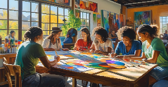 A diverse group of artists working together at a table filled with art supplies, surrounded by colorful artwork, with sunlight streaming through the windows.