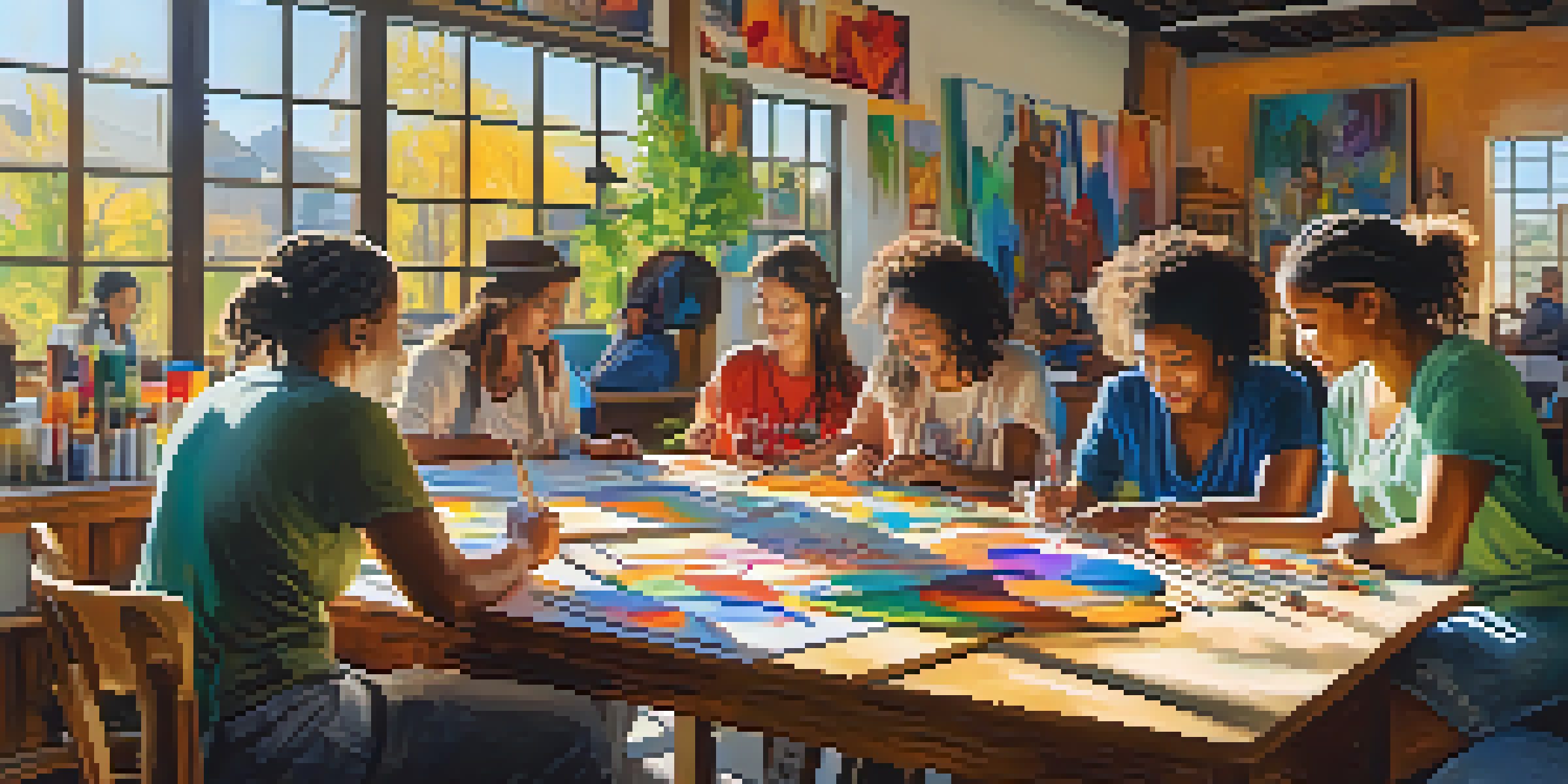 A diverse group of artists working together at a table filled with art supplies, surrounded by colorful artwork, with sunlight streaming through the windows.