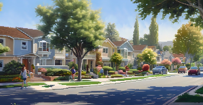 A sunny neighborhood in Cupertino with modern homes, greenery, and families enjoying the outdoors.