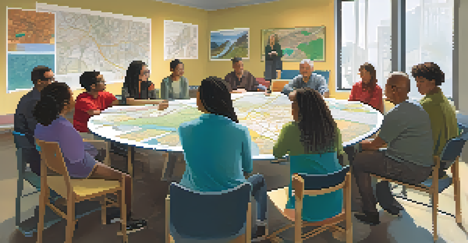 A diverse group of residents participating in a community meeting about urban planning, with maps and posters visible in a warm room.