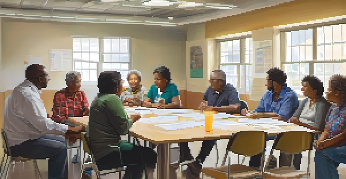 A diverse group of people sitting around a table discussing health assessment data in a community center.