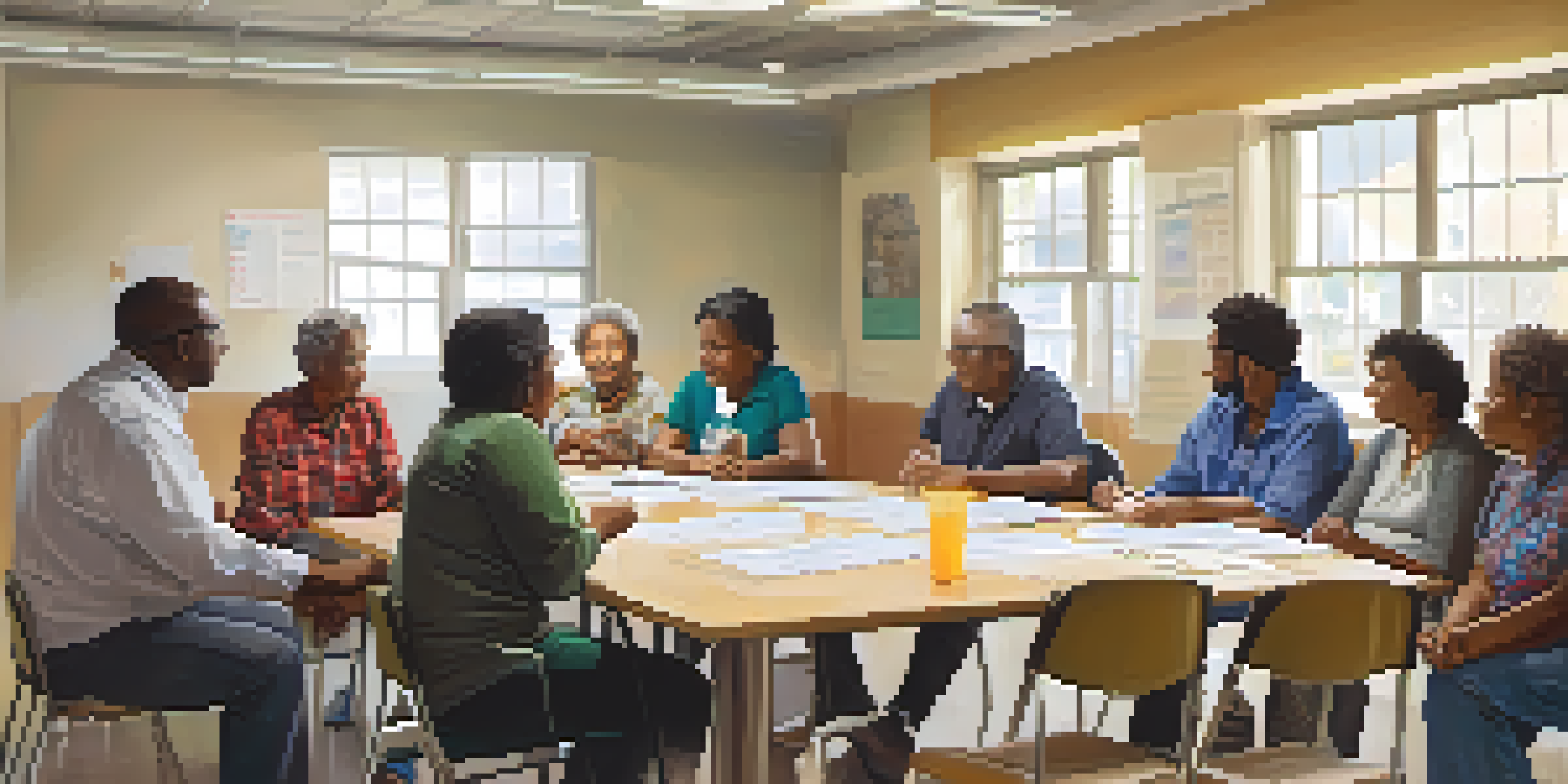 A diverse group of people sitting around a table discussing health assessment data in a community center.