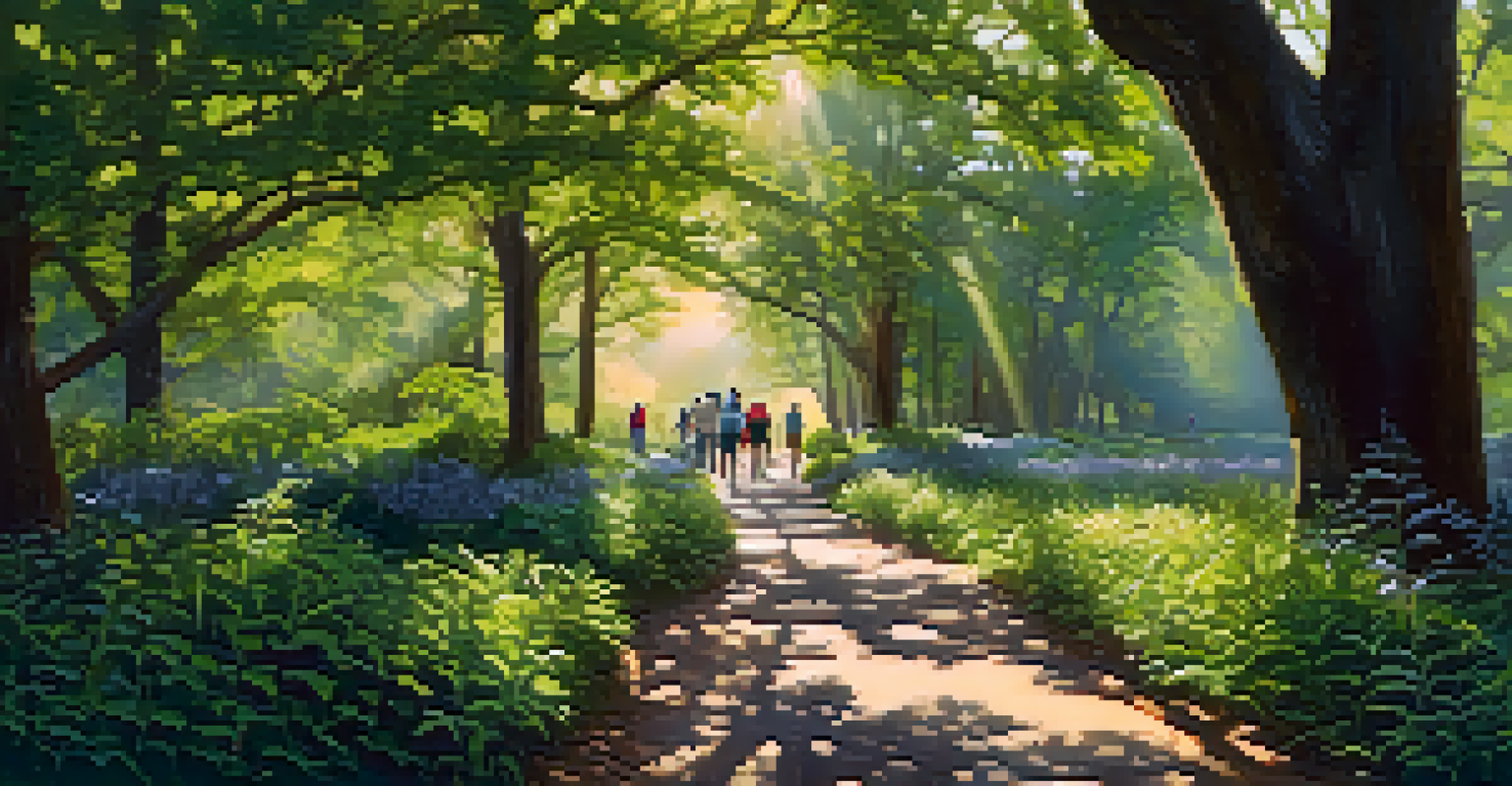 A serene nature walk in a park with participants observing plants and wildlife, surrounded by sunlight filtering through leaves.