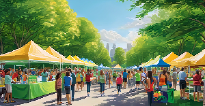 A lively health fair in a park with colorful booths, people practicing yoga, and banners promoting health and wellness under a clear blue sky.