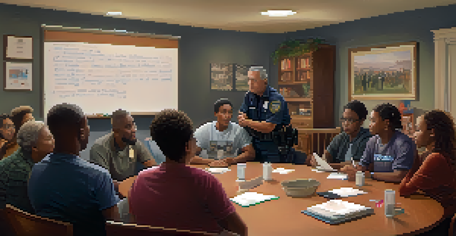 Residents of different backgrounds gathered in a living room for a Neighborhood Watch meeting, with a police officer leading the discussion.