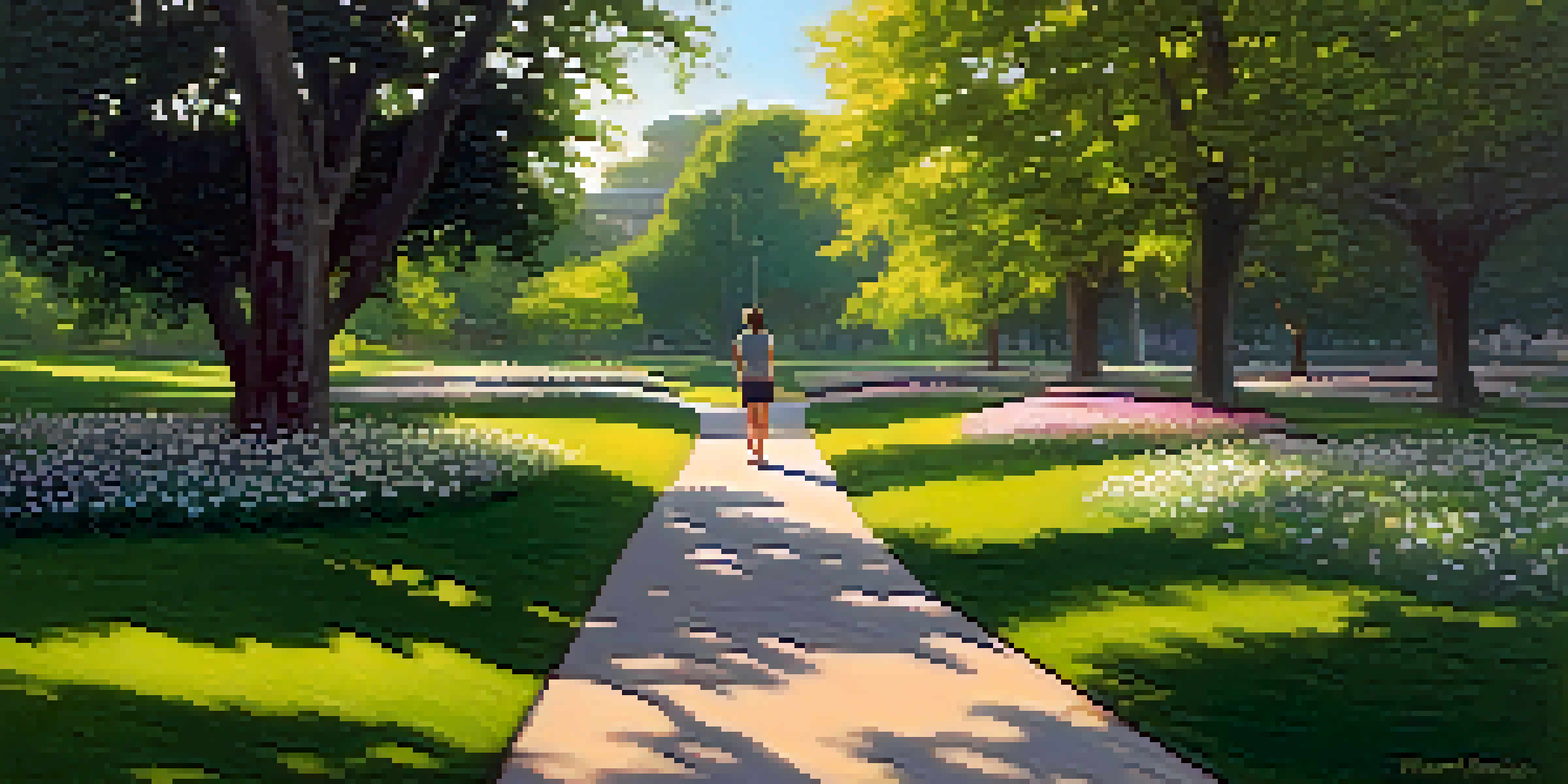 A peaceful park scene at sunset with a path, flowers, and a person walking.