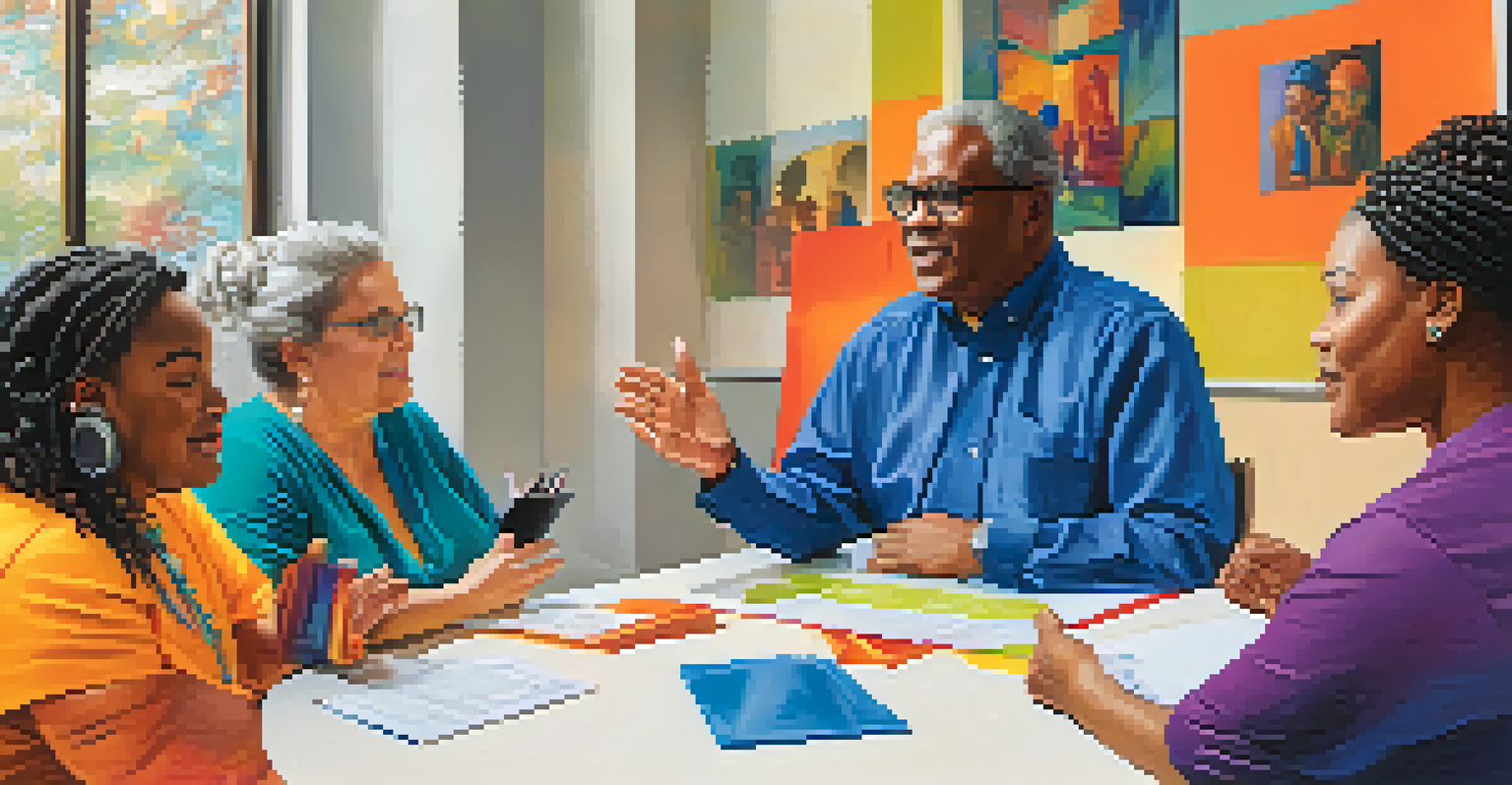 A community leader engaged in discussion with a diverse group of individuals with disabilities at a roundtable, highlighting accessible communication tools.