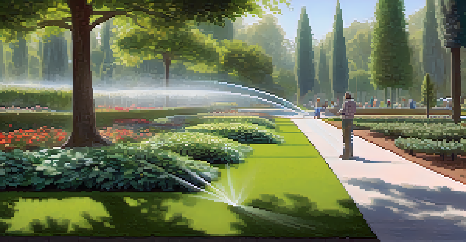 A smart irrigation system watering plants in a public park, surrounded by trees and pathways.