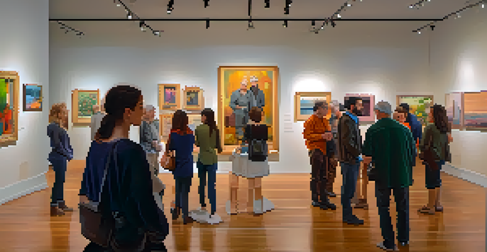 An art gallery showcasing local artists' works, with people admiring the art and engaging in conversations in a warmly lit space.