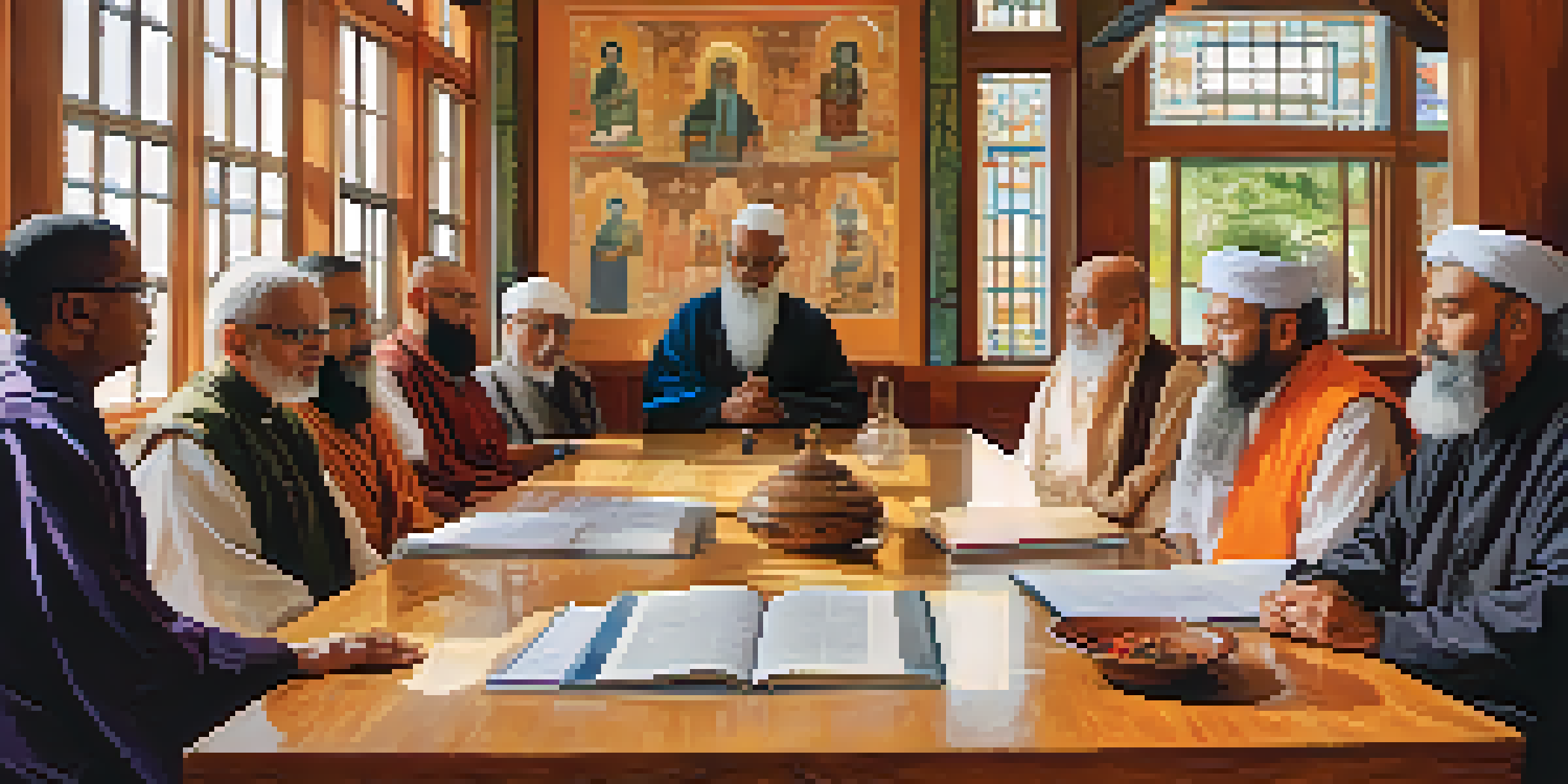 A diverse group of religious leaders from different faiths discussing together in a community center, with warm light illuminating the scene.