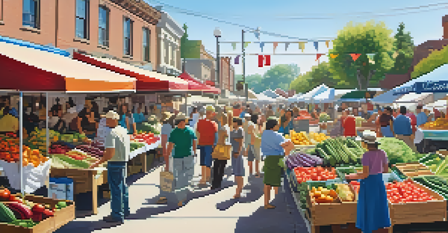 A lively farmers' market with fresh produce and community interaction under bright sunshine.