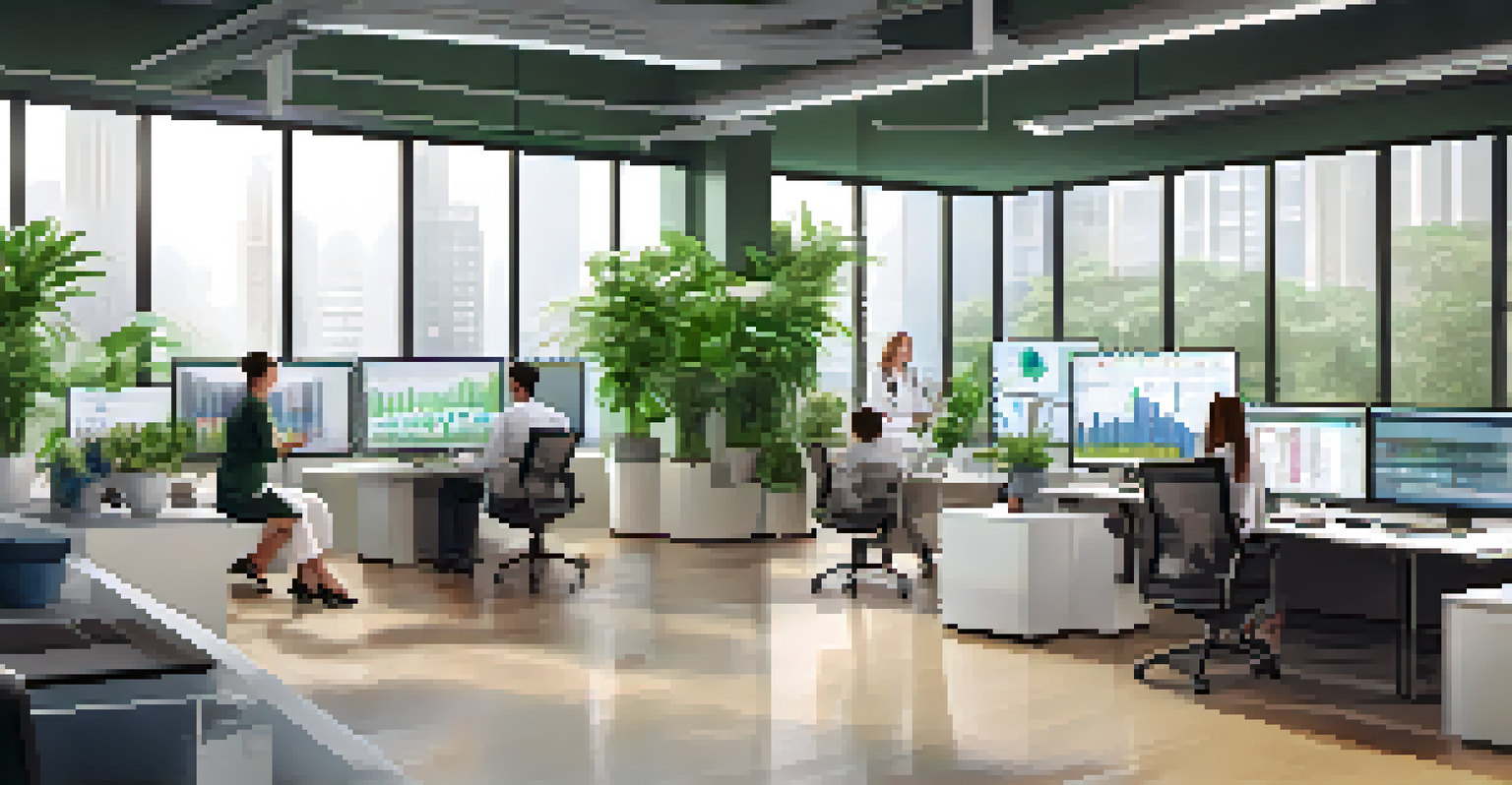 Health professionals analyzing data on laptops in a modern office, with charts and graphs on a large screen and greenery from indoor plants.