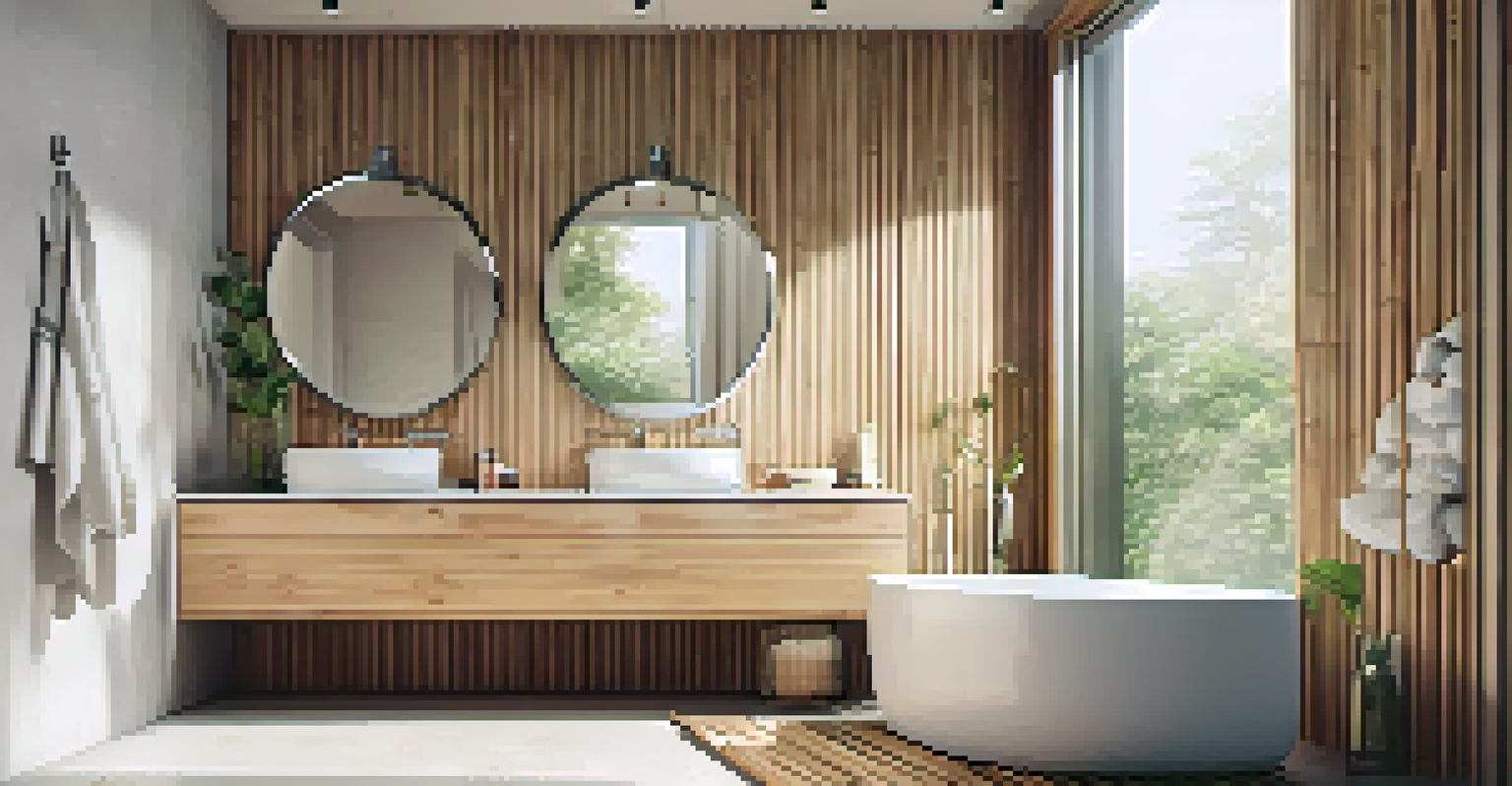 A sustainable bathroom showcasing low-flow fixtures and eco-friendly materials, filled with natural light from a large window.