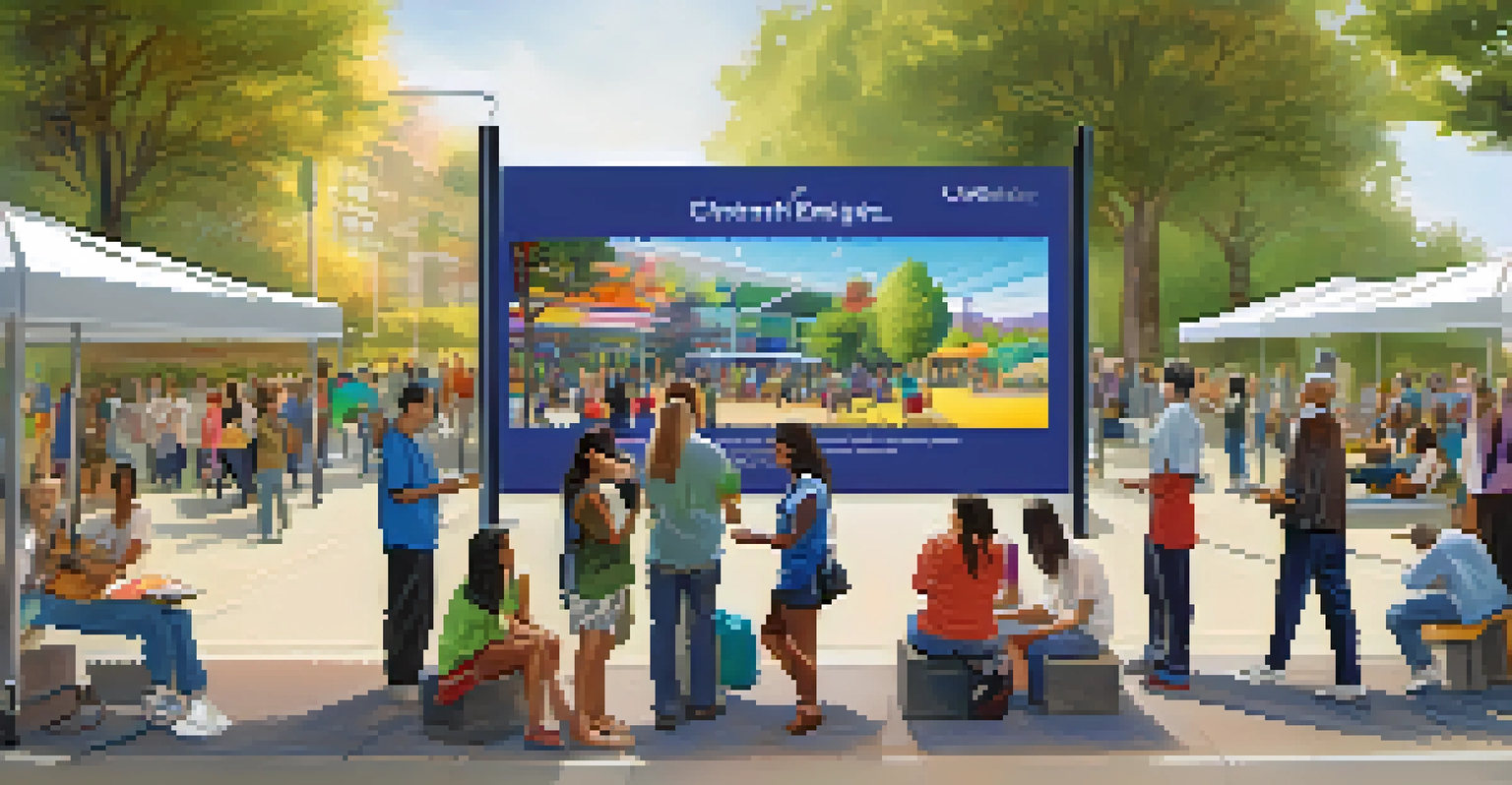 Residents of Cupertino participating in a community engagement event, discussing smart city initiatives with digital displays and colorful booths in the background.