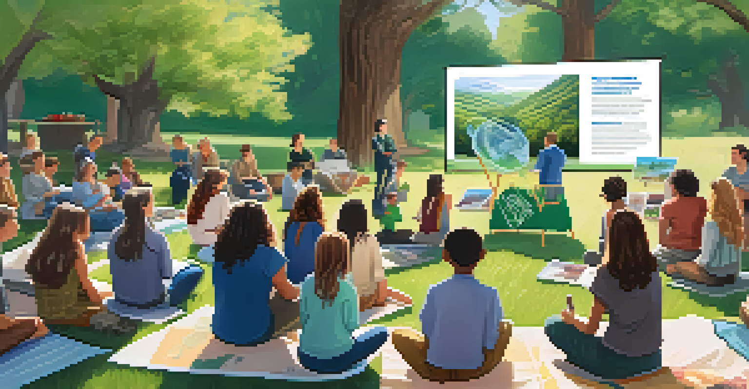 An outdoor workshop in Cupertino with a speaker discussing sustainability, surrounded by attendees on picnic blankets and informative posters about reducing plastic waste.
