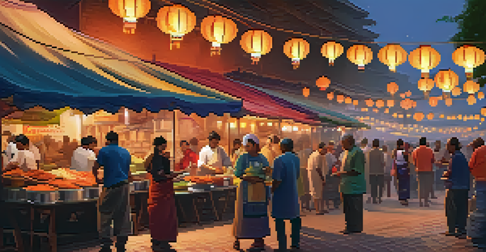A bustling street food market at dusk with colorful stalls and vendors serving a variety of dishes.