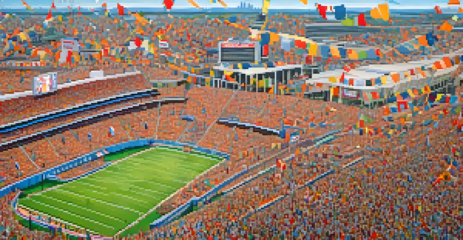An aerial view of a city during a major sports event, showcasing fans and busy streets leading to the stadium.