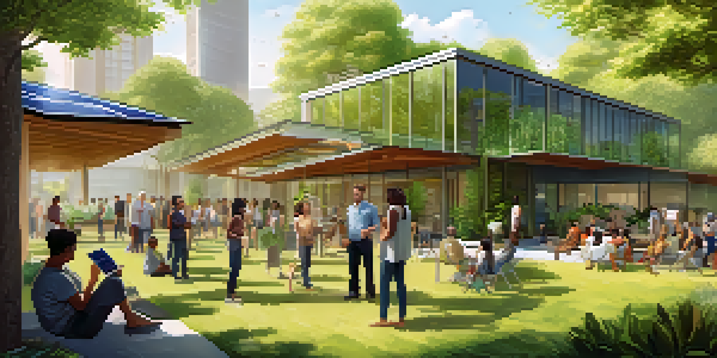 A vibrant cityscape with a modern green building equipped with solar panels and surrounded by greenery, showing a community workshop about sustainability.