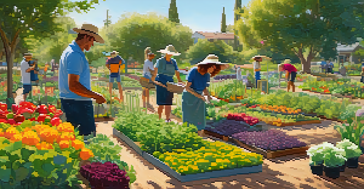 A community garden with volunteers working among vibrant vegetables and flowers, under warm sunlight.
