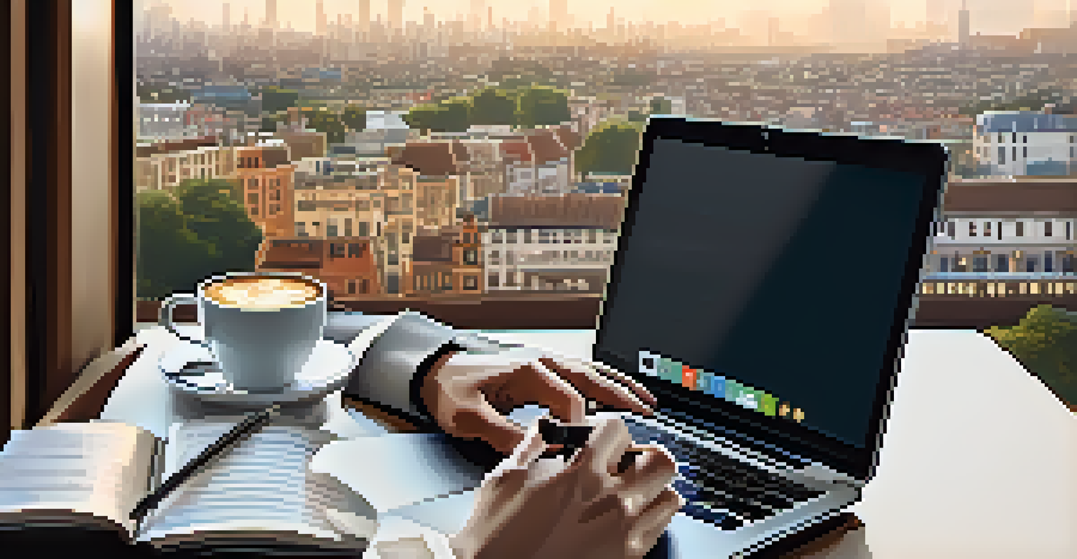 A close-up of a journalist's hands typing on a laptop with coffee and notes, against a cityscape background.