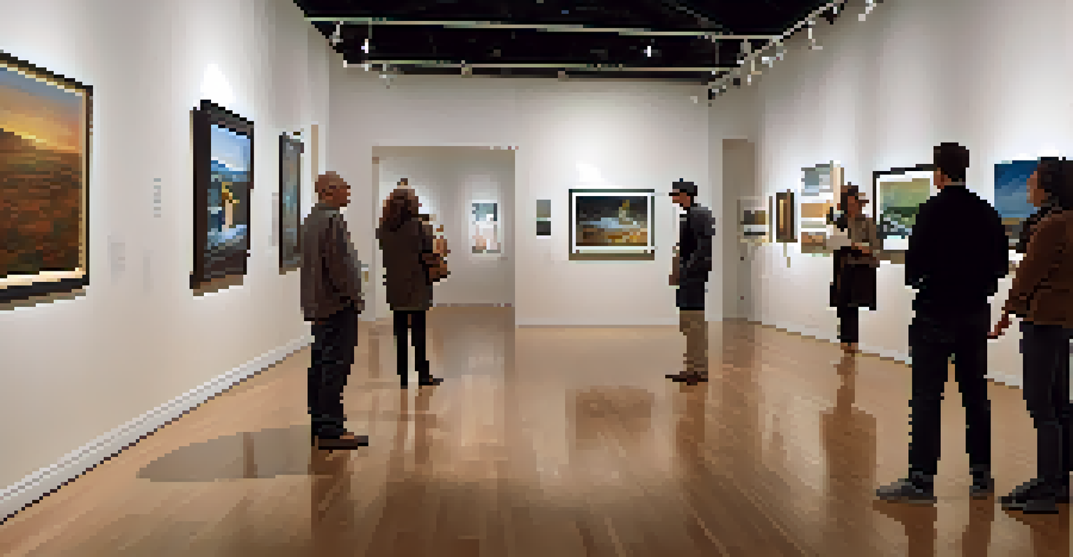An art exhibition displaying diverse artworks, with attendees interacting and appreciating the pieces.