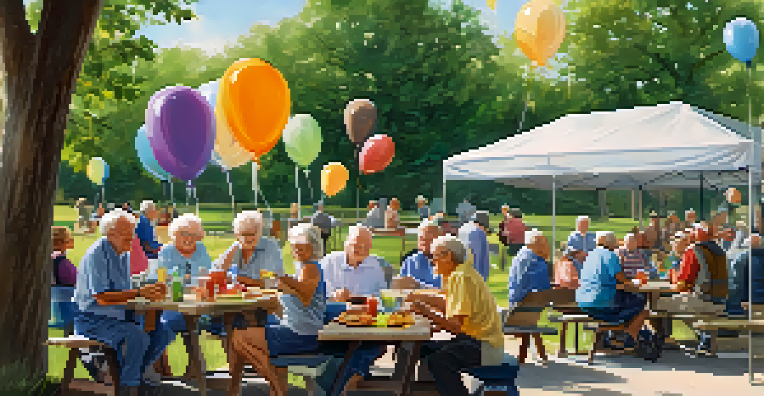 Seniors celebrating at a volunteer appreciation day in a park, surrounded by festive decorations and enjoying each other's company.