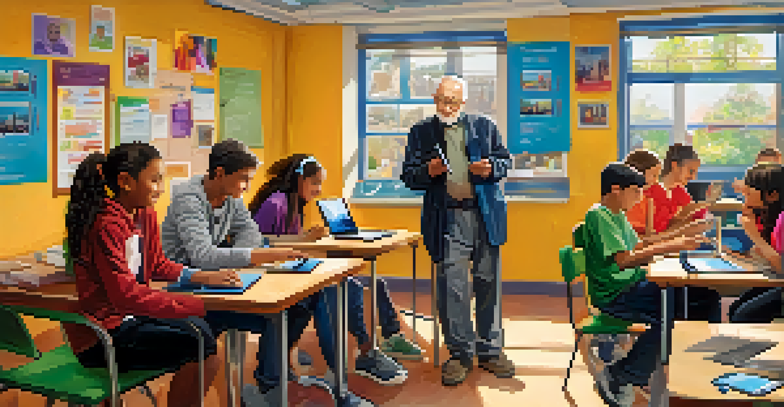 An elderly man teaching teenagers how to use smartphones in a colorful classroom.