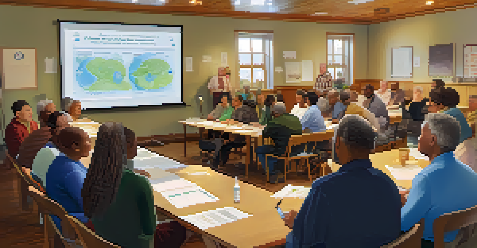 Residents participating in a town hall meeting focused on community resilience, surrounded by charts and educational materials.