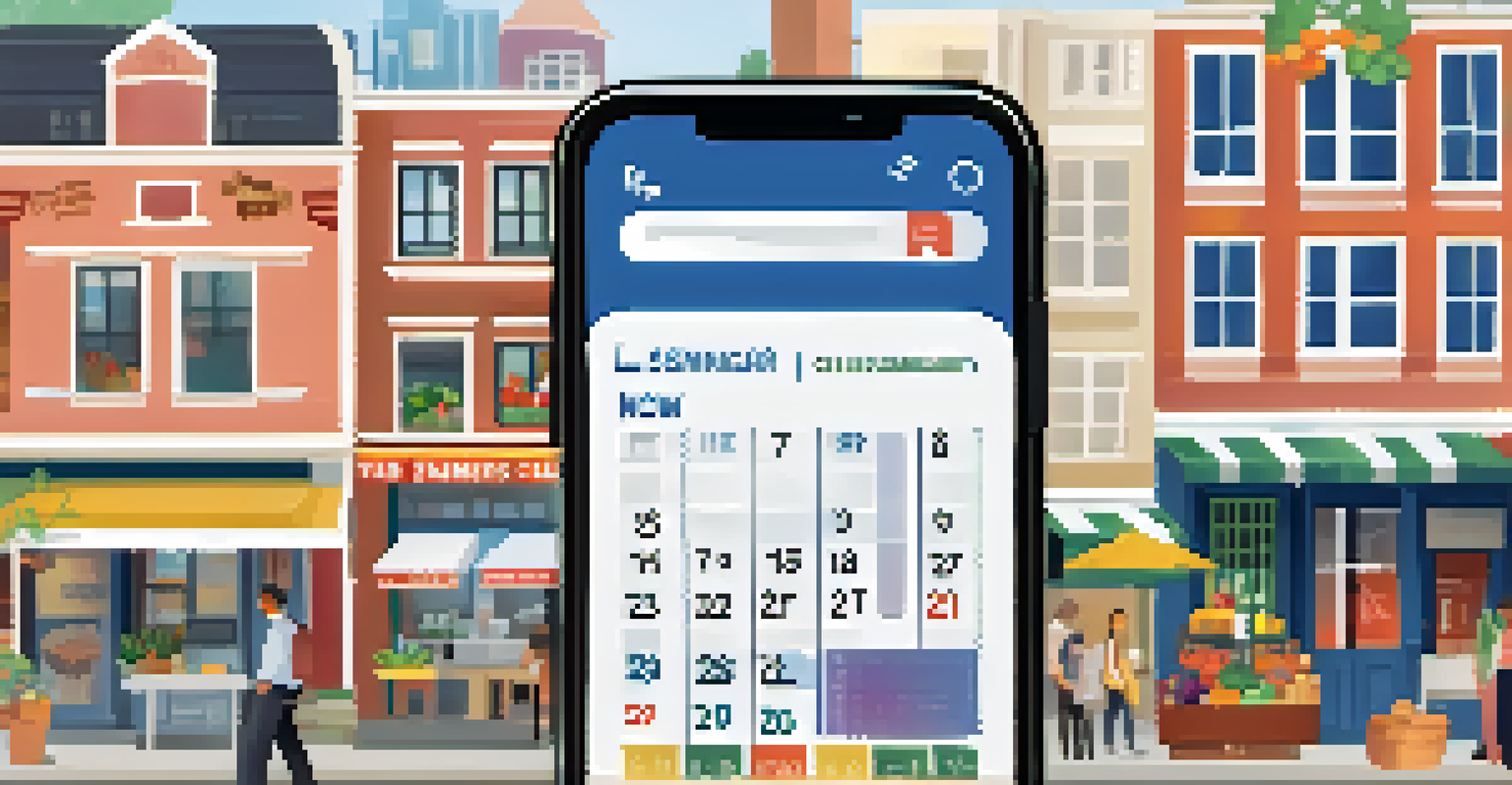 A smartphone displaying a community calendar app with icons for local events, set against a blurred neighborhood street.