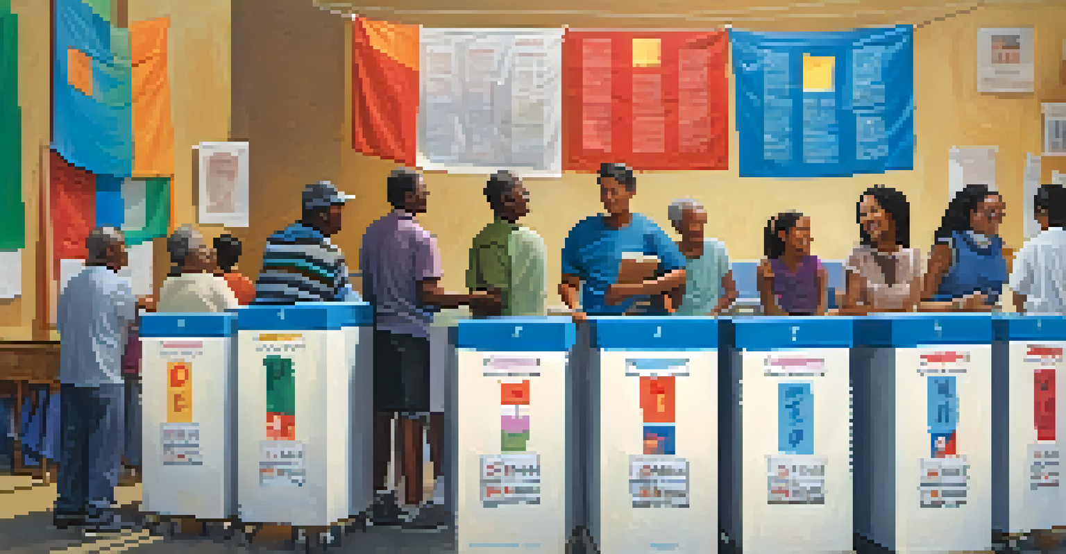 Close-up of a voting box at a community center with residents discussing and casting their votes for local projects, highlighting civic engagement.