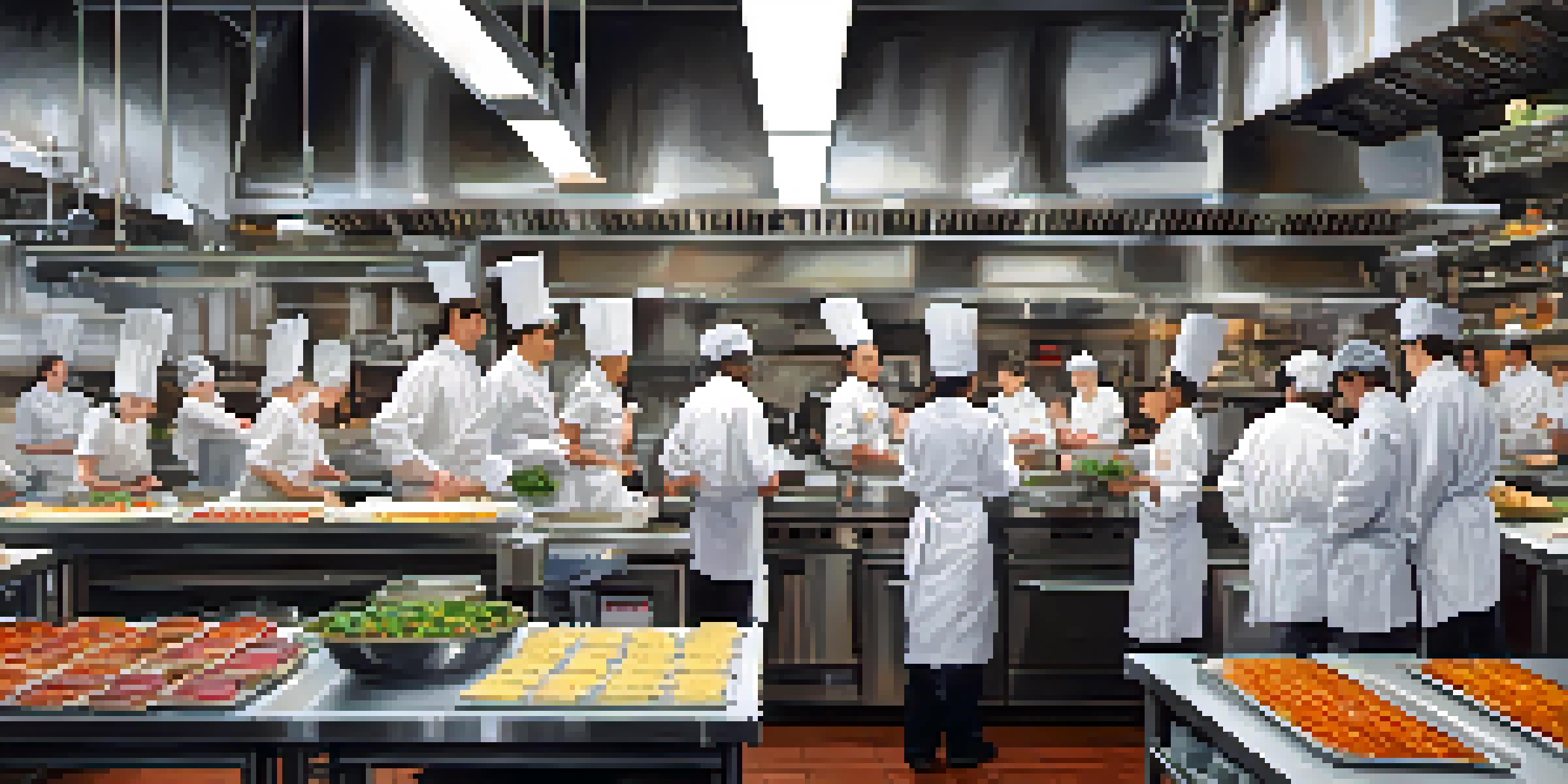A busy culinary school kitchen with students in chef coats preparing food and showcasing various culinary techniques.