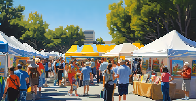 An outdoor art festival in Cupertino with colorful artist booths, visitors interacting with art, and live music.
