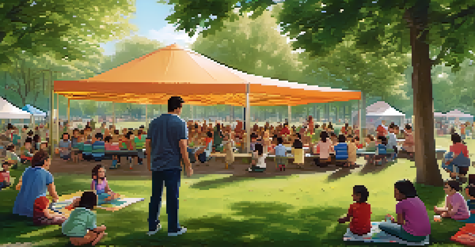 A community event in a park with families attending early childhood education workshops, featuring children playing and parents engaging with educators.