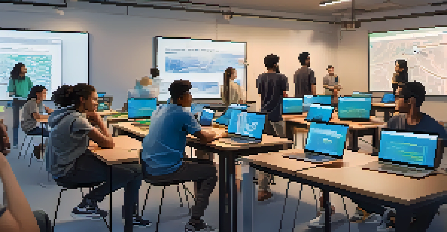A mentor leading a coding workshop with students focused on their laptops in a modern tech environment.