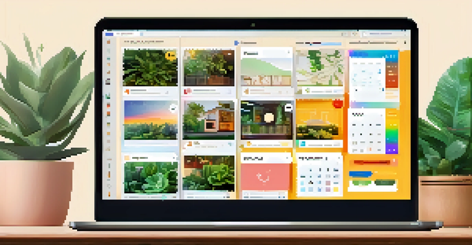 A laptop screen showing a colorful digital community platform interface in a cozy home office setting.