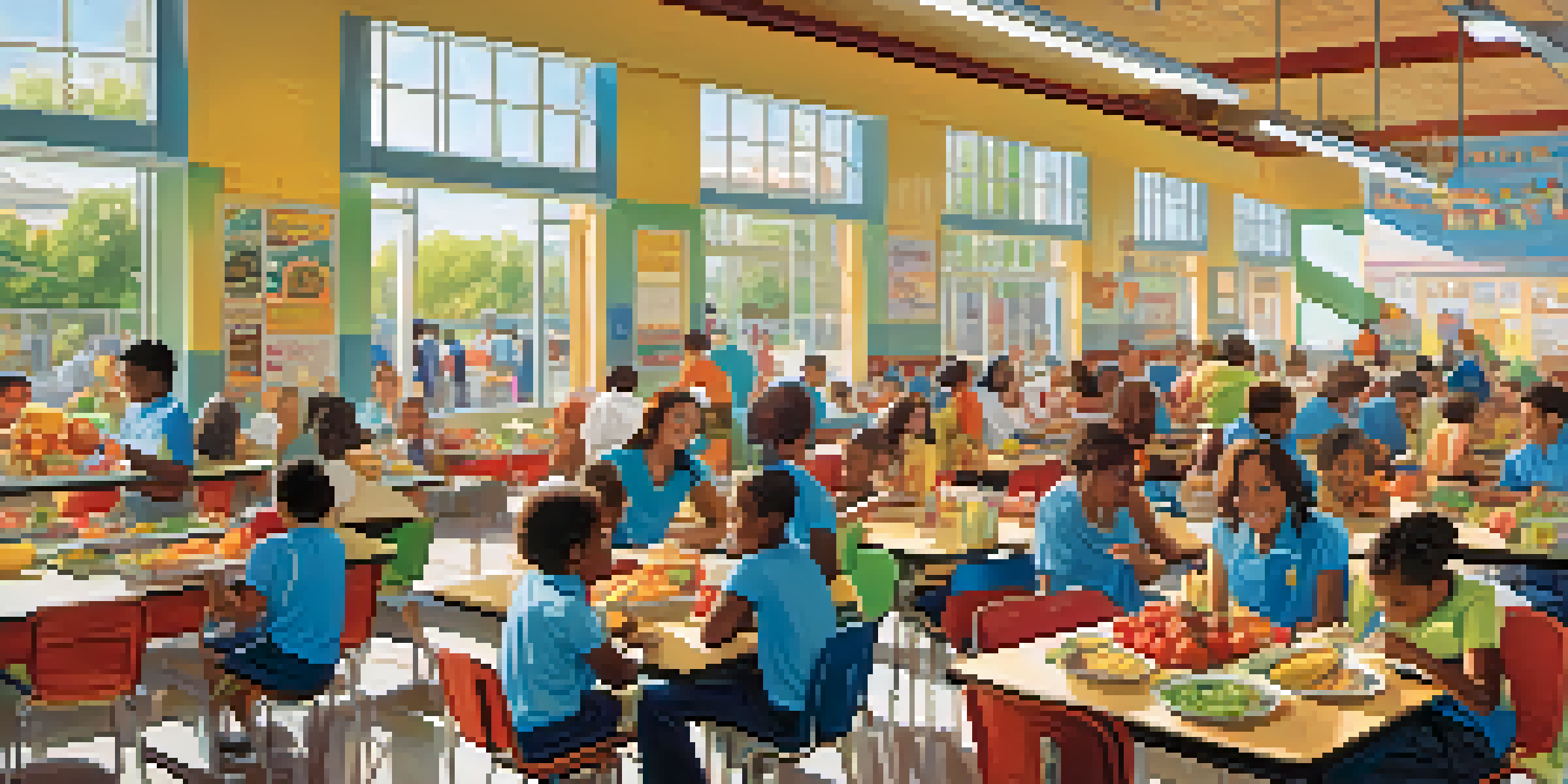 A lively school cafeteria with students of different backgrounds enjoying nutritious meals, bright sunlight, and colorful food displays.