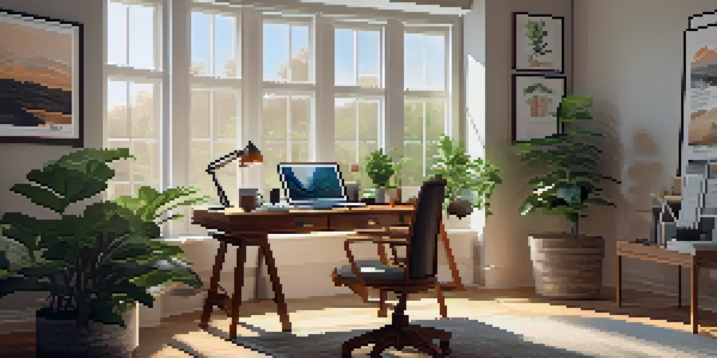 A bright and inviting office space filled with natural light, plants, and organized workspace, promoting mental wellness.