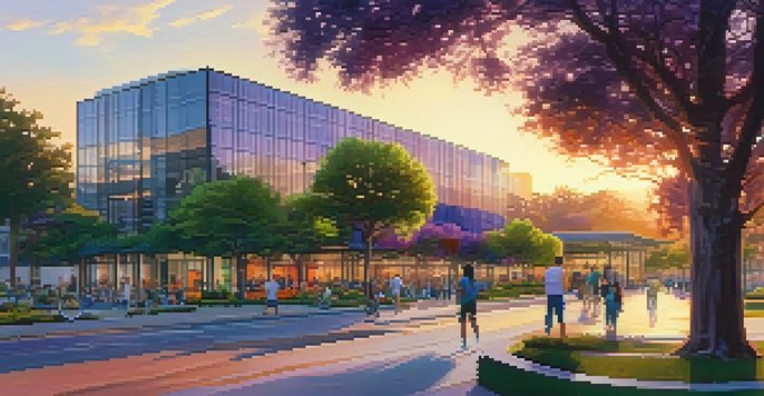 A sunset view of Cupertino's skyline, highlighting modern buildings surrounded by greenery and people walking.
