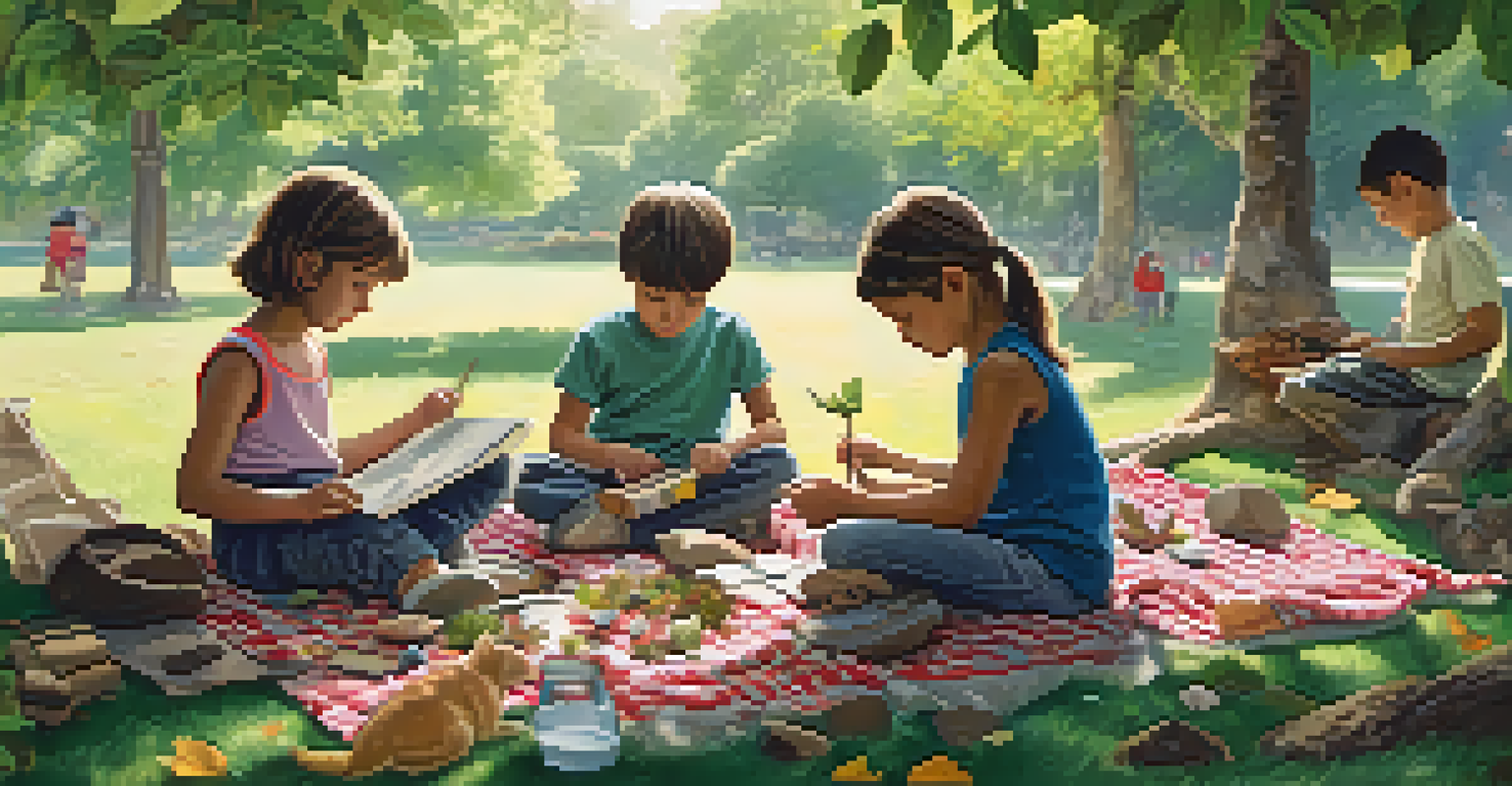 Children creating arts and crafts on a picnic blanket in a park, surrounded by greenery and colorful flowers.
