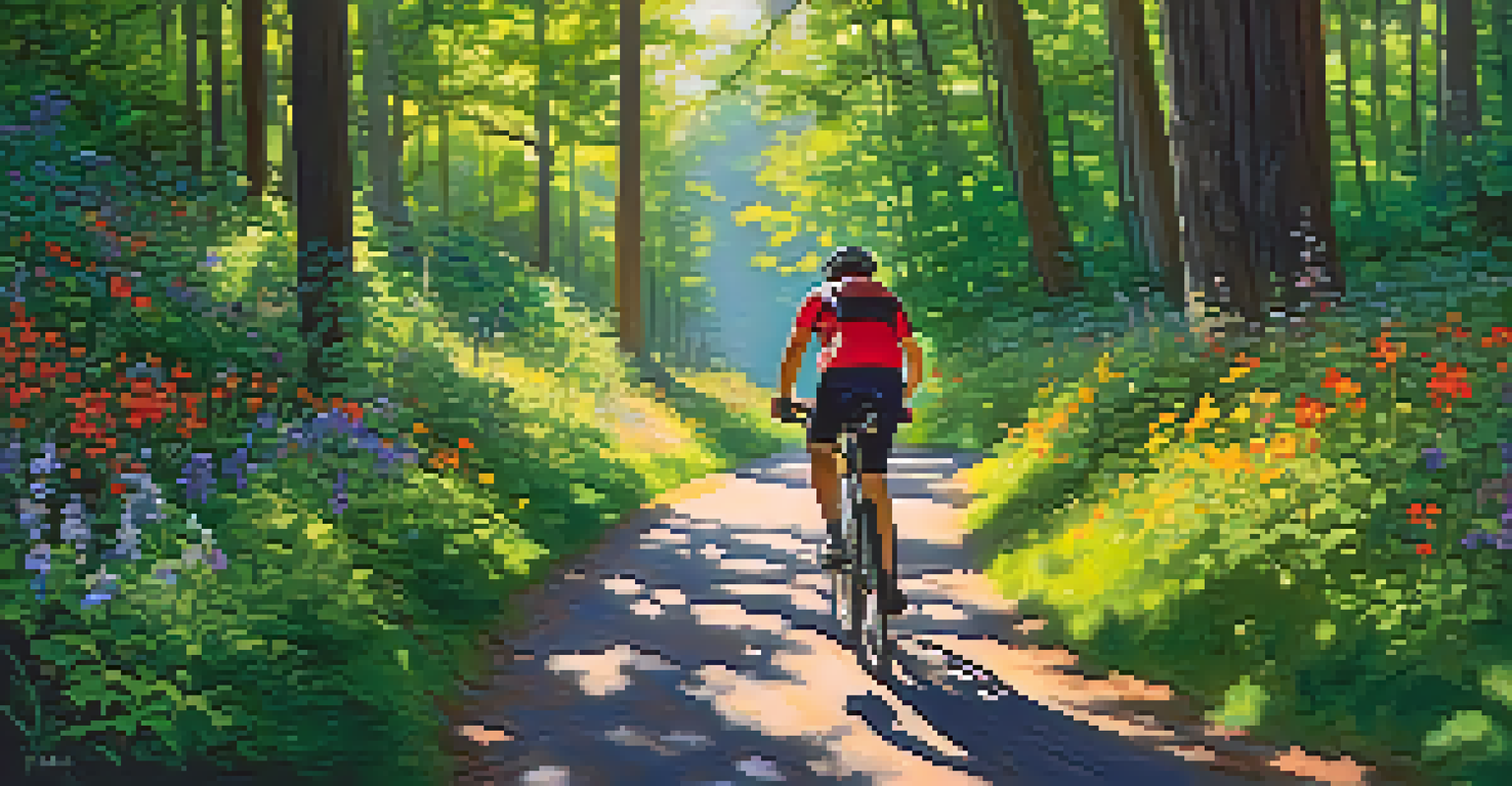 A cyclist riding on a peaceful biking trail surrounded by a dense forest with sunlight filtering through the trees.